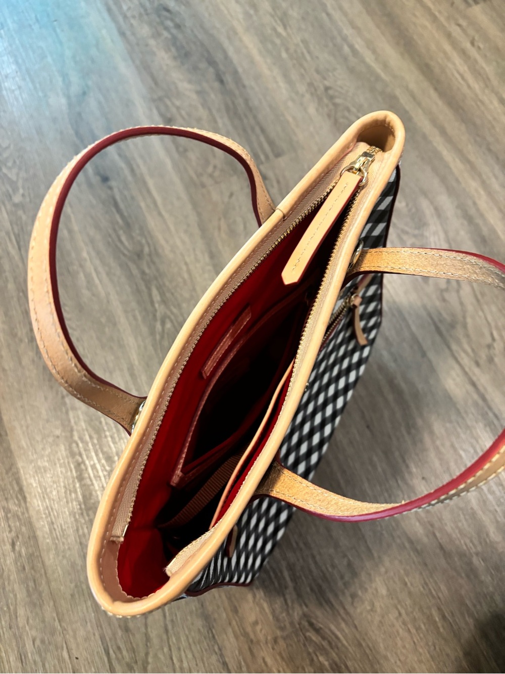 Dooney & Bourke Black and White Gingham Tote with Tan Trim - Picture 5 of 10